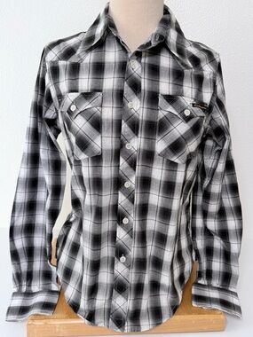 Civilianaire Women’s Large Plaid Western Shirt Black White Plaid Made in USA EUC